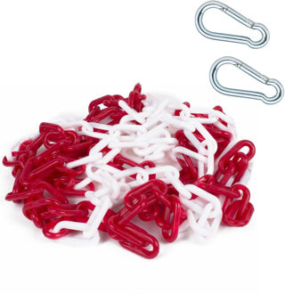 Bellatio Design Afzetketting met 2x karabijhaken - rood/wit - 5 meter - kunststof - afzetting