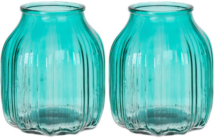 Bellatio Design Bloemenvaas klein - 2x - turquoise blauw glas - D14 x H16 cm - Vazen