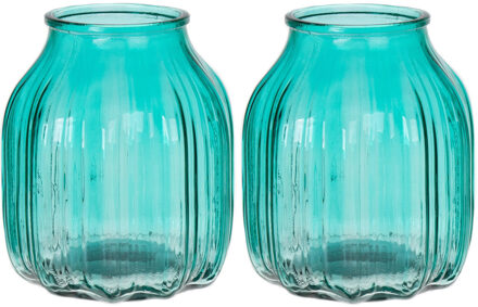 Bellatio Design Bloemenvaas klein - set van 2x - turquoise blauw - transparant glas - D14 x H16 cm