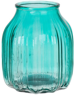 Bellatio Design Bloemenvaas klein - turquoise blauw - transparant glas - D14 x H16 cm