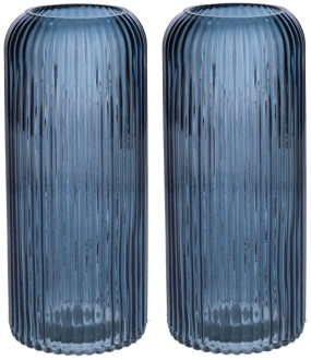 Bellatio Design Bloemenvaas ribbel - 2x - denim blauw - transparant glas - D9 x H20 cm