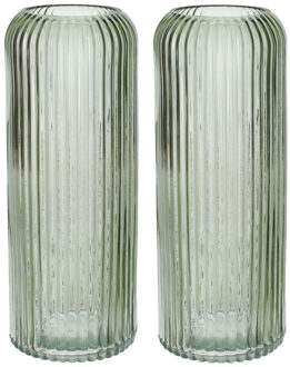 Bellatio Design Bloemenvaas ribbel - 2x - lichtgroen - transparant glas - D9 x H20 cm
