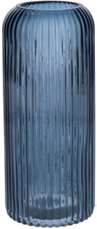 Bellatio Design Bloemenvaas ribbel - denim blauw - transparant glas - D9 x H20 cm