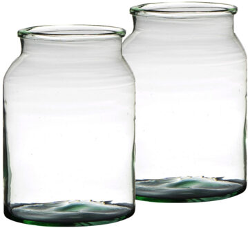 Bellatio design Bloemenvaas - Set van 2x stuks - gerecycled glas - transparant - D19 x H25 cm