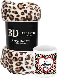 Bellatio Design Cadeau moeder set - Fleece plaid/deken luipaard print met Best mom ever luipaardprint mok