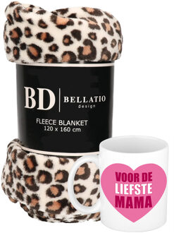 Bellatio Design Cadeau moeder set - Fleece plaid/deken luipaard print met Liefste Mama mok