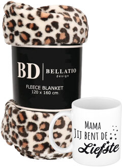 Bellatio Design Cadeau moeder set - Fleece plaid/deken luipaard print met Mama jij bent de liefste mok