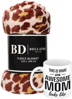 Bellatio Design Cadeau moeder set - Fleece plaid/deken panter print met Awesome Mom mok