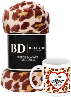 Bellatio Design Cadeau moeder set - Fleece plaid/deken panter print met Best mom ever panterprint mok - Plaids Multikleur