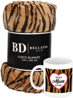 Bellatio Design Cadeau moeder set - Fleece plaid/deken tijger print met Best mom ever tijgerprint mok - Plaids Multikleur