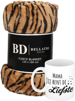 Bellatio Design Cadeau moeder set - Fleece plaid/deken tijger print met Mama jij bent de liefste mok