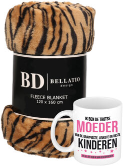 Bellatio Design Cadeau moeder set - Fleece plaid/deken tijger print met Trotse moeder van leukste kinderen mok