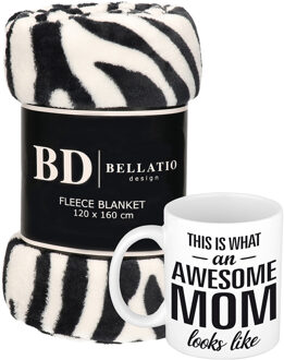 Bellatio Design Cadeau moeder set - Fleece plaid/deken zebra print met Awesome Mom mok