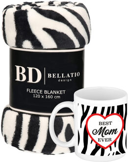 Bellatio Design Cadeau moeder set - Fleece plaid/deken zebra print met Best mom ever zebraprint mok - Plaids Multikleur