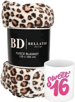 Bellatio Design Cadeau verjaardag 16 jarige/ Sweet 16 set - Fleece plaid/deken luipaard print met Sweet 16 mok