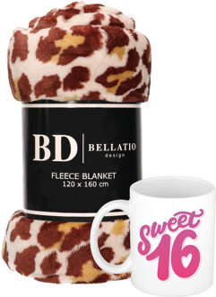 Bellatio Design Cadeau verjaardag 16 jarige/ Sweet 16 set - Fleece plaid/deken panter print met Sweet 16 mok