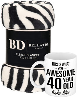 Bellatio Design Cadeau verjaardag 40 jaar vrouw set - Fleece plaid/deken zebra print met Awesome 40 year mok