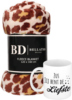 Bellatio Design Cadeau zus set - Fleece plaid/deken panter print met Zus jij bent de liefste mok