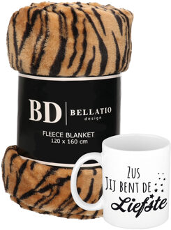 Bellatio Design Cadeau zus set - Fleece plaid/deken tijger print met Zus jij bent de liefste mok