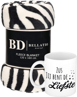 Bellatio Design Cadeau zus set - Fleece plaid/deken zebra print met Zus jij bent de liefste mok