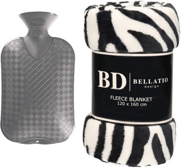 Bellatio Design Fleece deken/plaid Zebra 120 x 160 cm en een warmwater kruik 2 liter - Plaids Multikleur