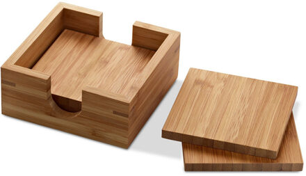 Bellatio Design Glazen onderzetters - 8x - bamboe - met houder - 10 x 10 cm