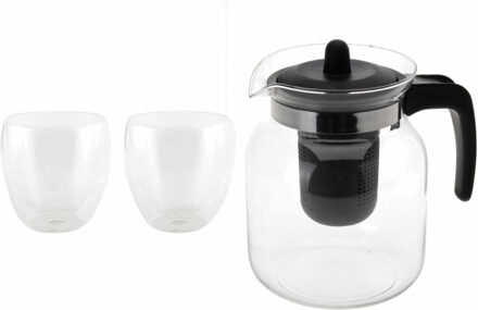 Bellatio Design Glazen theepot zwart met filter van 1,5 liter met 2x stuks dubbelwandige theeglazen van 200 ml - Hittebestendige glazen