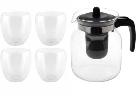 Bellatio Design Glazen theepot zwart met filter van 1,5 liter met 4x stuks dubbelwandige theeglazen van 200 ml - Hittebestendige glazen