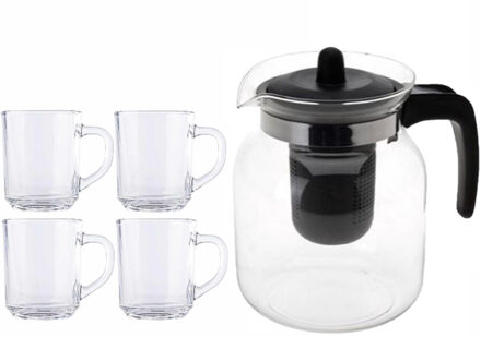 Bellatio Design Glazen theepot zwart met filter van 1,5 liter met 6x stuks theeglazen Kopenhagen van 250 ml