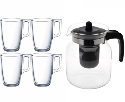 Bellatio Design Glazen theepot zwart met filter van 1,5 liter met 6x stuks theeglazen Malmo van 320 ml
