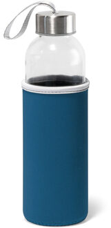 Bellatio Design Glazen Waterfles/drinkfles Met Blauwe Softshell Bescherm Hoes 520 Ml - Drinkflessen Transparant