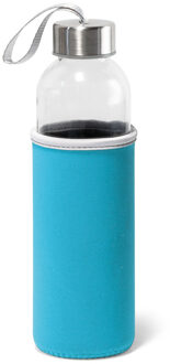 Bellatio Design Glazen Waterfles/drinkfles Met Turquoise Blauwe Softshell Bescherm Hoes 520 Ml - Drinkflessen Transparant