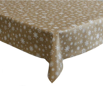 Bellatio Design Kerst tafelzeil/tafelkleed goud met witte sneeuwvlokken print 140 x 180 cm