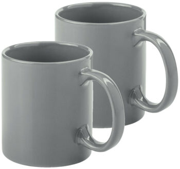 Bellatio Design Koffie mokken/bekers - 2x - keramiek - glans - met oor - grijs - 370 ml - Bekers