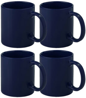 Bellatio Design Koffie mokken/bekers - 4x - keramiek - glans - met oor - donkerblauw - 370 ml - Bekers