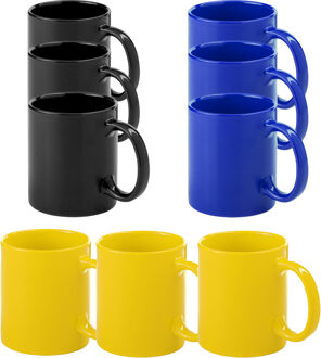 Bellatio Design Koffie mokken/drinkbekers Auxerre - 9x - keramiek - geel/zwart/blauw - 370 ml - Bekers