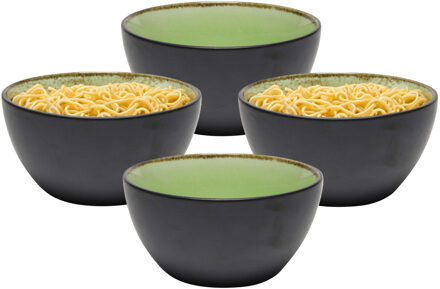 Bellatio Design Kommetje/serveer schaaltje Samos - antraciet/groen - 4x - 14 x 7 cm - keramiek - soepkommen
