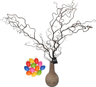 Bellatio Design Kronkelhazelaar kunst paastak - incl paaseieren - 87 cm - paasdecoratie kunsttakken
