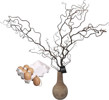 Bellatio Design Kronkelhazelaar kunst paastak - incl paaseieren - 87 cm - paasdecoratie kunsttakken