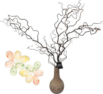 Bellatio Design Kronkelhazelaar kunst paastak - incl paaseieren - 87 cm - paasdecoratie kunsttakken