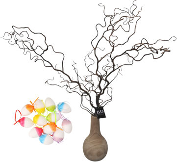 Bellatio Design Kronkelhazelaar kunst paastak - incl paaseieren - 87 cm - paasdecoratie kunsttakken