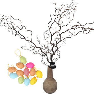 Bellatio Design Kronkelhazelaar kunst paastak - incl paaseieren - 87 cm - paasdecoratie kunsttakken