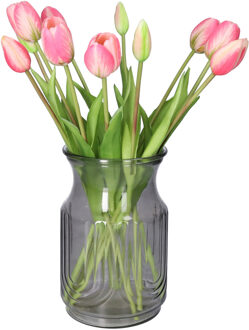 Bellatio Design Kunst tulpen boeket Bella - 12x stuks - lichtroze - real touch - 40 cm