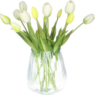 Bellatio Design Kunst tulpen boeket Bella - 12x stuks - wit - real touch - 40 cm