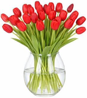 Bellatio Design Kunst tulpen boeket Bella - 24x stuks - rood - real touch - 40 cm
