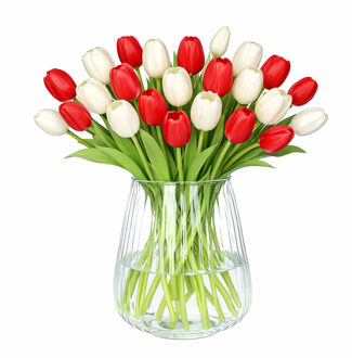 Bellatio Design Kunst tulpen boeket mix Bella - 24x stuks - rood / wit - real touch - 40 cm