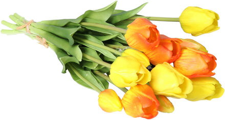 Bellatio Design Kunst tulpen boeket Sally - 7x stuks - geel/oranje - real touch - 47 cm - kunst zijdebloemen Zalmroze