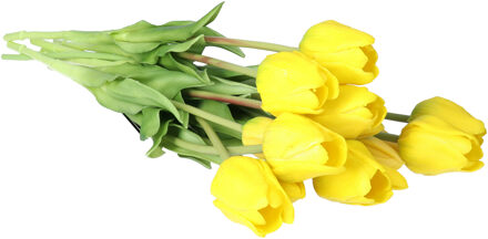 Bellatio Design Kunst tulpen boeket Sally - 7x stuks - geel - real touch - 47 cm - kunst zijdebloemen