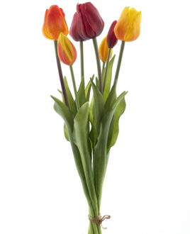 Bellatio Design Kunst tulpen boeket Sally - 7x stuks - rood/oranje - real touch - 47 cm - kunst zijdebloemen Lichtrood