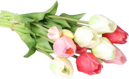 Bellatio Design Kunst tulpen boeket Sally - 7x stuks - roze/creme - real touch - 47 cm - kunst zijdebloemen